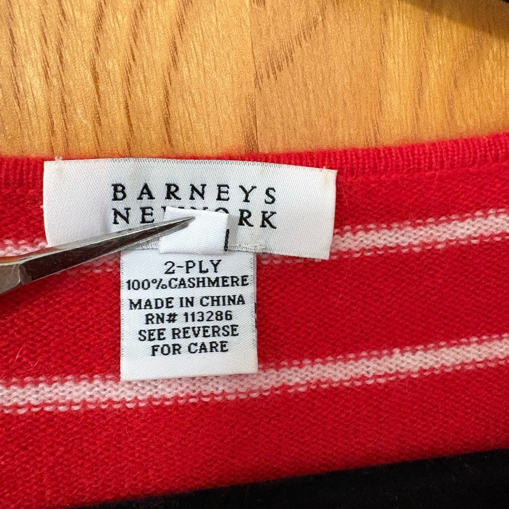 Barneys New York Red and White Striped Cashmere Crew Neck Sweater L - Picture 4 of 8